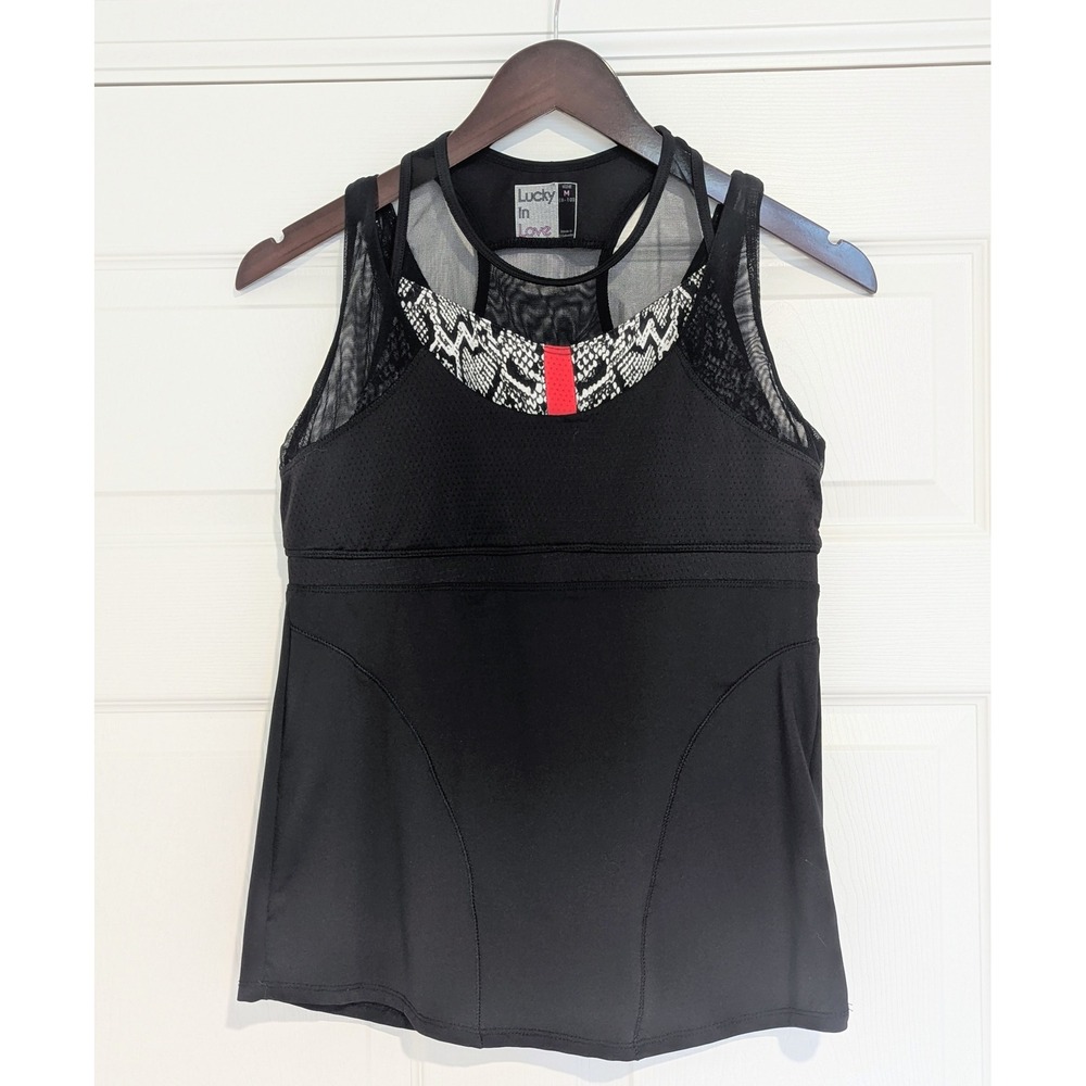 Lucky in Love Womens Black Snakeskin Mesh Racerback Tennis Athletic Tank Top M